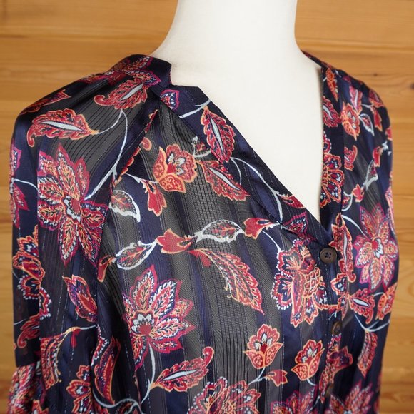 Democracy‎ Black Sheer Red Floral Button Up Top Balloon Sleeves Size Medium - Picture 5 of 10